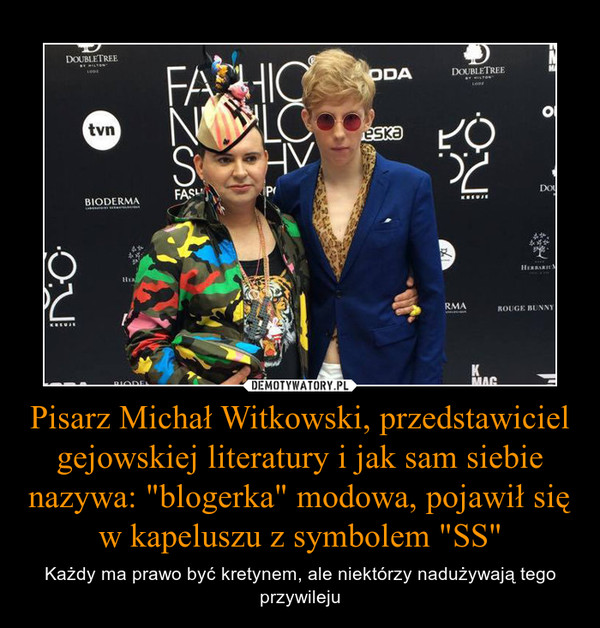 Pisarz Michał Witkowski, przedstawiciel gejowskiej literatury i jak sam siebie nazywa: "blogerka" modowa, pojawił się w kapeluszu z symbolem "SS"