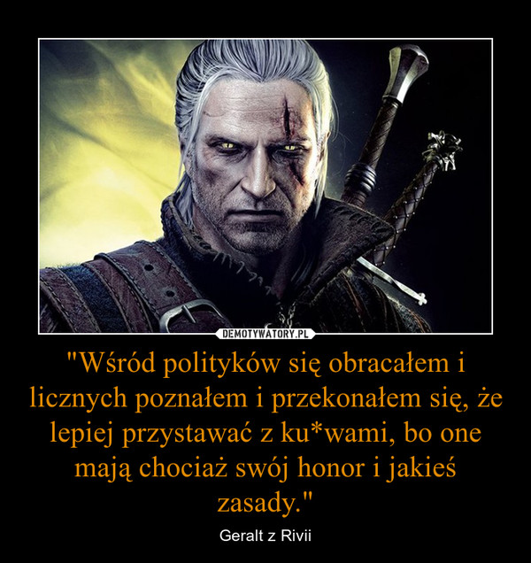 "Wśród polityków się obracałem i licznych poznałem i przekonałem się, że lepiej przystawać z ku*wami, bo one mają chociaż swój honor i jakieś zasady." – Geralt z Rivii 