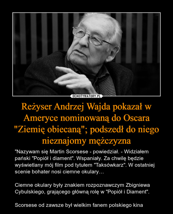 Reżyser Andrzej Wajda pokazał w Ameryce nominowaną do Oscara "Ziemię obiecaną"; podszedł do niego nieznajomy mężczyzna – "Nazywam się Martin Scorsese - powiedział. - Widziałem pański "Popiół i diament". Wspaniały. Za chwilę będzie wyświetlany mój film pod tytułem "Taksówkarz". W ostatniej scenie bohater nosi ciemne okulary…Ciemne okulary były znakiem rozpoznawczym Zbigniewa Cybulskiego, grającego główną rolę w "Popiół i Diament".Scorsese od zawsze był wielkim fanem polskiego kina 