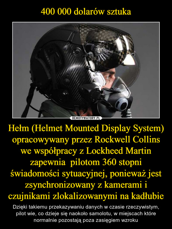 Hełm (Helmet Mounted Display System) opracowywany przez Rockwell Collins we współpracy z Lockheed Martin zapewnia  pilotom 360 stopni świadomości sytuacyjnej, ponieważ jest zsynchronizowany z kamerami i czujnikami zlokalizowanymi na kadłubie – Dzięki takiemu przekazywaniu danych w czasie rzeczywistym, pilot wie, co dzieje się naokoło samolotu, w miejscach które normalnie pozostają poza zasięgiem wzroku 