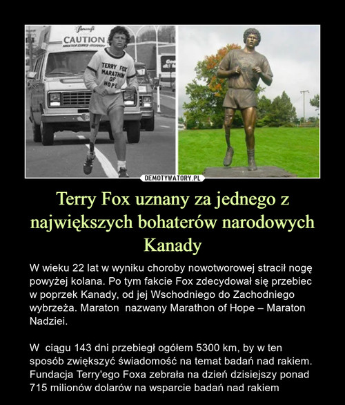 Terry Fox uznany za jednego z największych bohaterów narodowych Kanady