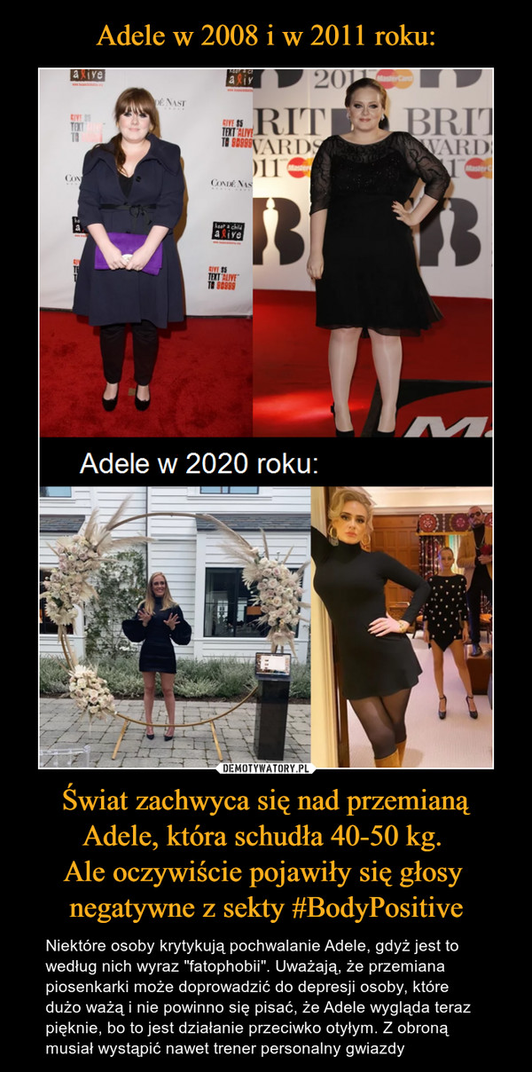 Adele w 2008 i w 2011 roku: Świat zachwyca się nad przemianą Adele, która schudła 40-50 kg. 
Ale oczywiście pojawiły się głosy 
negatywne z sekty #BodyPositive