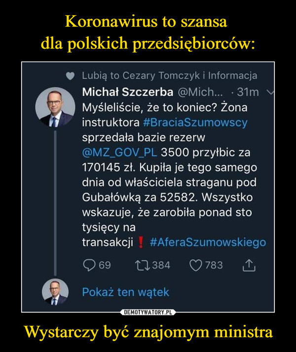 Wystarczy być znajomym ministra –  Lubią to Cezary Tomczyk i Informacja Michał Szczerba (a)Mich... • 31m Myśleliście, że to koniec? Żona instruktora ,tBraciaSzumowscy sprzedała bazie rezerw @WZ GOV PL 3500 przyłbic za 170145 zł. Kupiła je tego samego dnia od właściciela straganu pod Gubałówką za 52582. Wszystko wskazuje, że zarobiła ponad sto tysięcy na transakcji #AferaSzumowskiego