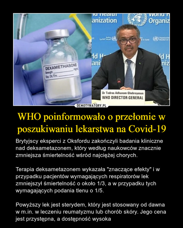 WHO poinformowało o przełomie w poszukiwaniu lekarstwa na Covid-19