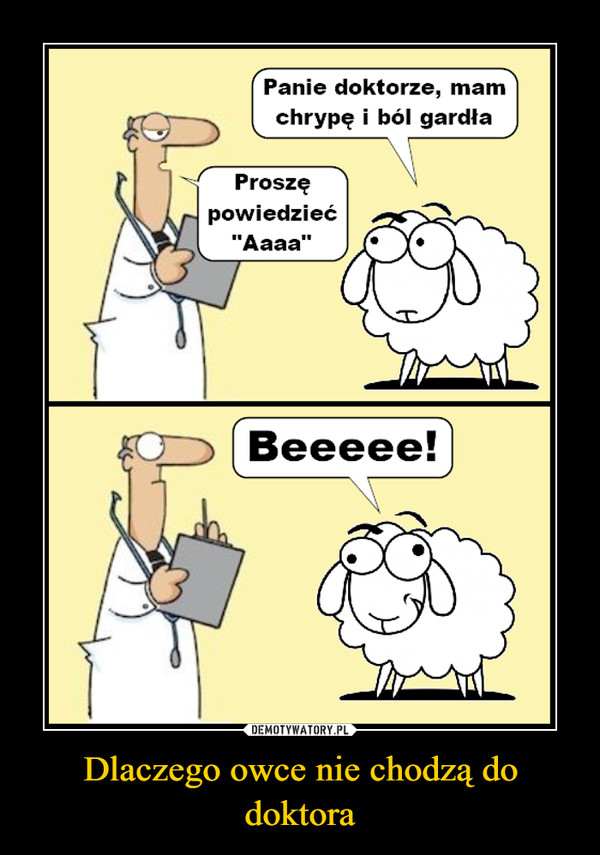 Dlaczego owce nie chodzą do doktora –  Panie doktorze, mamom chrypę i ból gardła Proszę powiedzieć "Aaaa" Beeeee!