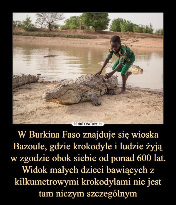W Burkina Faso znajduje się wioska Bazoule, gdzie krokodyle i ludzie żyjąw zgodzie obok siebie od ponad 600 lat. Widok małych dzieci bawiących z kilkumetrowymi krokodylami nie jest tam niczym szczególnym –  