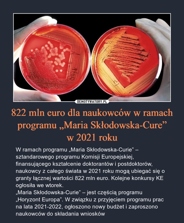 822 mln euro dla naukowców w ramach programu „Maria Skłodowska-Cure”w 2021 roku – W ramach programu „Maria Skłodowska-Curie” – sztandarowego programu Komisji Europejskiej, finansującego kształcenie doktorantów i postdoktorów, naukowcy z całego świata w 2021 roku mogą ubiegać się o granty łącznej wartości 822 mln euro. Kolejne konkursy KE ogłosiła we wtorek.„Maria Skłodowska-Curie” – jest częścią programu „Horyzont Europa”. W związku z przyjęciem programu prac na lata 2021-2022, ogłoszono nowy budżet i zaproszono naukowców do składania wniosków 