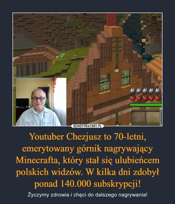 Youtuber Chezjusz to 70-letni, emerytowany górnik nagrywający Minecrafta, który stał się ulubieńcem polskich widzów. W kilka dni zdobył ponad 140.000 subskrypcji!