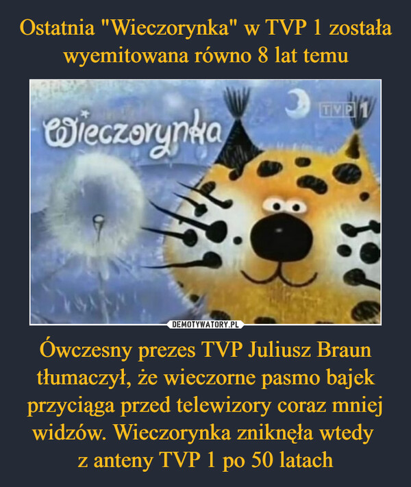 Ówczesny prezes TVP Juliusz Braun tłumaczył, że wieczorne pasmo bajek przyciąga przed telewizory coraz mniej widzów. Wieczorynka zniknęła wtedy z anteny TVP 1 po 50 latach –  