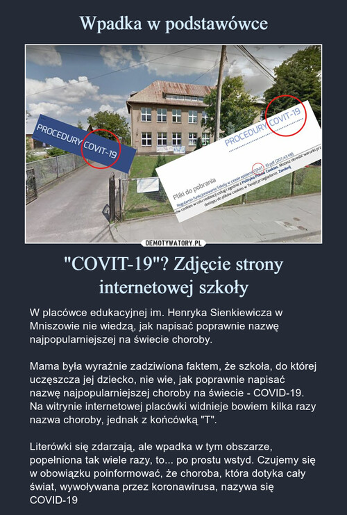 Wpadka w podstawówce "COVIT-19"? Zdjęcie strony internetowej szkoły