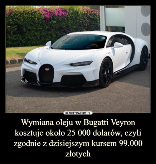 Wymiana oleju w Bugatti Veyron kosztuje około 25 000 dolarów, czyli zgodnie z dzisiejszym kursem 99.000 złotych