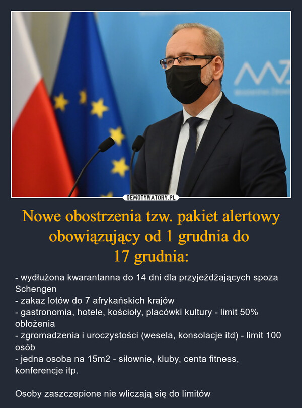 Nowe obostrzenia tzw. pakiet alertowy obowiązujący od 1 grudnia do 17 grudnia: – - wydłużona kwarantanna do 14 dni dla przyjeżdżających spoza Schengen - zakaz lotów do 7 afrykańskich krajów - gastronomia, hotele, kościoły, placówki kultury - limit 50% obłożenia - zgromadzenia i uroczystości (wesela, konsolacje itd) - limit 100 osób- jedna osoba na 15m2 - siłownie, kluby, centa fitness, konferencje itp. Osoby zaszczepione nie wliczają się do limitów 