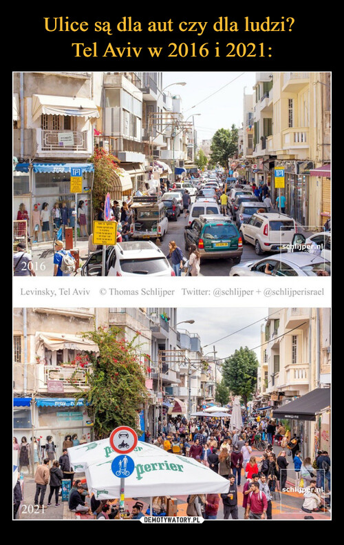 Ulice są dla aut czy dla ludzi? 
Tel Aviv w 2016 i 2021:
