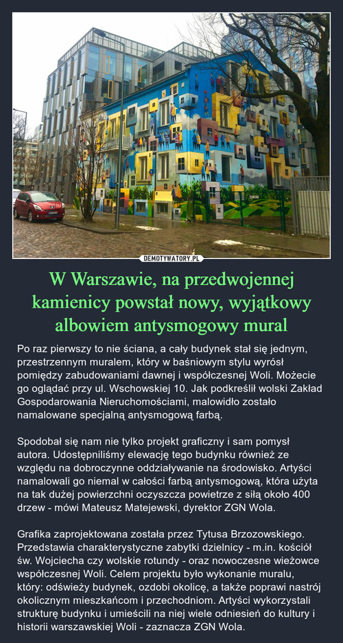 W Warszawie, na przedwojennej kamienicy powstał nowy, wyjątkowy albowiem antysmogowy mural