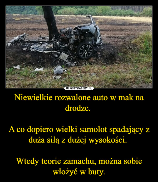 Niewielkie rozwalone auto w mak na drodze. A co dopiero wielki samolot spadający z duża siłą z dużej wysokości. Wtedy teorie zamachu, można sobie włożyć w buty. –  