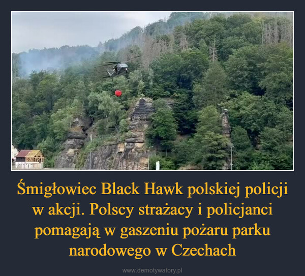 Śmigłowiec Black Hawk polskiej policji w akcji. Polscy strażacy i policjanci pomagają w gaszeniu pożaru parku narodowego w Czechach –  