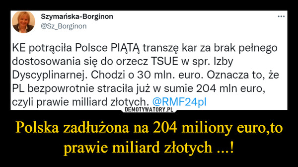 Polska zadłużona na 204 miliony euro,to prawie miliard złotych ...! –  
