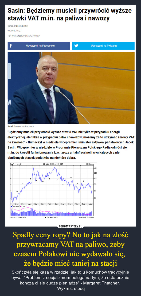 Spadły ceny ropy? No to jak na złość przywracamy VAT na paliwo, żeby czasem Polakowi nie wydawało się, że będzie mieć taniej na stacji – Skończyła się kasa w rządzie, jak to u komuchów tradycyjnie bywa. "Problem z socjalizmem polega na tym, że ostatecznie kończą ci się cudze pieniądze" - Margaret Thatcher.  Wykres: stooq Sasin: Będziemy musieli przywrócić wyższe stawki VAT m.in. na paliwa i nawozy