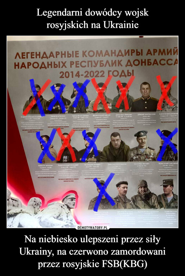 Na niebiesko ulepszeni przez siły Ukrainy, na czerwono zamordowani przez rosyjskie FSB(KBG) –  