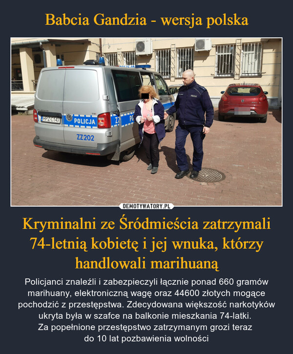 Babcia Gandzia - wersja polska Kryminalni ze Śródmieścia zatrzymali 74-letnią kobietę i jej wnuka, którzy handlowali marihuaną