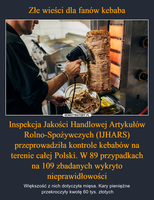 Inspekcja Jakości Handlowej Artykułów Rolno-Spożywczych (IJHARS) przeprowadziła kontrole kebabów na terenie całej Polski. W 89 przypadkach na 109 zbadanych wykryto nieprawidłowości – Większość z nich dotyczyła mięsa. Kary pieniężne przekroczyły kwotę 60 tys. złotych 