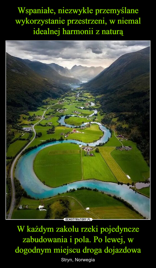 W każdym zakolu rzeki pojedyncze zabudowania i pola. Po lewej, w dogodnym miejscu droga dojazdowa – Stryn, Norwegia 
