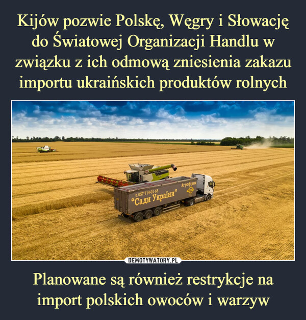 Kijów pozwie Polskę, Węgry i Słowację do Światowej Organizacji Handlu w związku z ich odmową zniesienia zakazu importu ukraińskich produktów rolnych Planowane są również restrykcje na import polskich owoców i warzyw