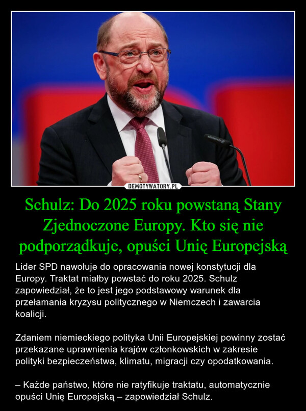 Schulz: Do 2025 roku powstaną Stany Zjednoczone Europy. Kto się nie podporządkuje, opuści Unię Europejską