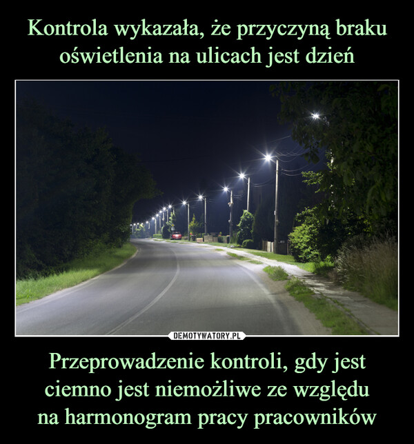 Kontrola wykazała, że przyczyną braku oświetlenia na ulicach jest dzień Przeprowadzenie kontroli, gdy jest ciemno jest niemożliwe ze względu
na harmonogram pracy pracowników