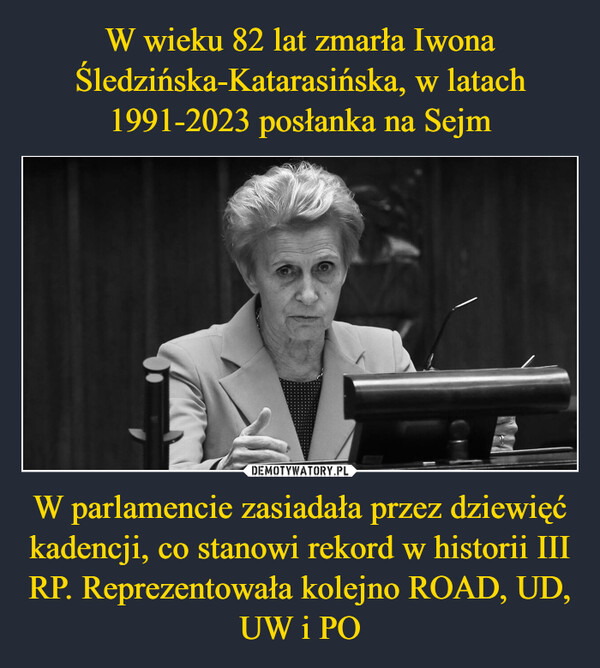 W wieku 82 lat zmarła Iwona Śledzińska-Katarasińska, w latach 1991-2023 posłanka na Sejm W parlamencie zasiadała przez dziewięć kadencji, co stanowi rekord w historii III RP. Reprezentowała kolejno ROAD, UD, UW i PO