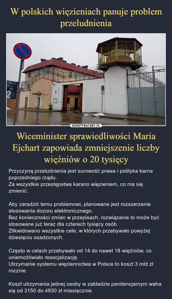W polskich więzieniach panuje problem przeludnienia Wiceminister sprawiedliwości Maria Ejchart zapowiada zmniejszenie liczby więźniów o 20 tysięcy